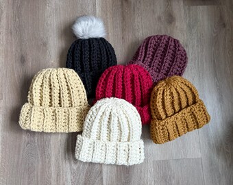 Double Brim Crochet Pom Beanie: Family Matching Hats, Customizable Faux Fur Pom