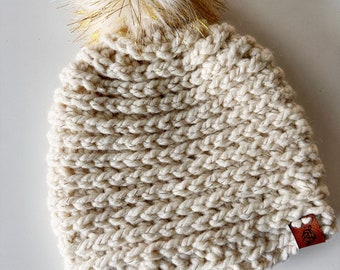 crochet cream chunky holiday beanie, sparkly ecru adult cozy hat with fur pom, gold tinsel holiday gift,ready to ship