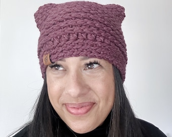 Crocheted Kitty Cat Beanie: Ribbed Wool Blend Hat