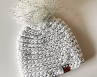 crochet chunky holiday beanie, sparkly white adult cozy hat with fur pom, tinsel holiday gift,ready to ship