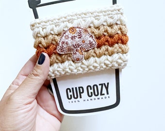 boho mushroom crochet coffee cozy | handmade woodland coffee sleeve | sweater weather | hot tea sleeve