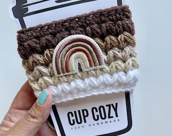 fall rainbow crochet coffee cozy | handmade fall boho coffee sleeve | sweater weather | hot tea sleeve