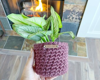 handmade small plant sweater | crocheted plant cozy | storage basket