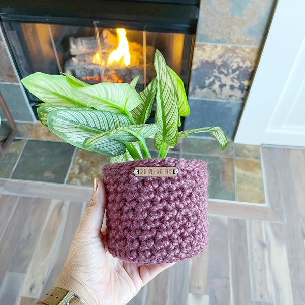 handmade small plant sweater | crocheted plant cozy | storage basket