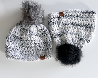 crochet chunky beanie, gray tones adult cozy hat, with fur pom, ready to ship, unisex holiday gift