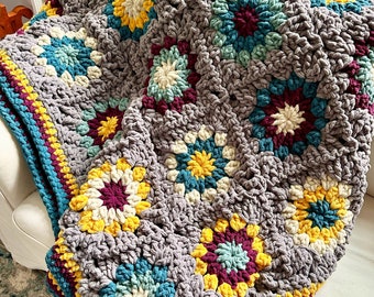 gray chunky granny square crochet blanket | teal boho handmade throw | holiday gift | cozy jewel tone blanket | made to order