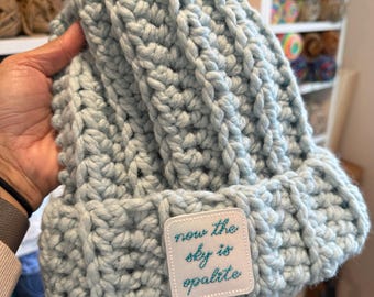 Opalite Crocheted Blue Hat; Ribbed Crochet Double Brim Pom Beanie