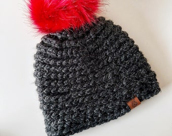 crochet black chunky holiday beanie, sparkly black adult cozy hat with fur pom, tinsel holiday gift,ready to ship