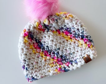 colorful crochet chunky beanie, vibrant adult cozy hat, with fur pom, ready to ship