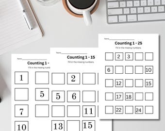 Folhas de exercícios com números faltantes de 1 a 25: matemática pré-escolar (download digital)