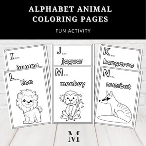 May include: Black and white coloring pages featuring alphabet letters and animals. The letters I, L, J, M, K, and N are shown with the corresponding animals iguana, lion, jaguar, monkey, kangaroo, and numbat.