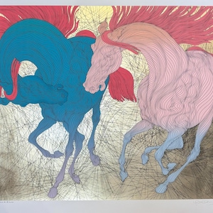 May include: An artistic print featuring two stylized horses. One horse is blue with a red mane, the other is pink with a red mane. The background has a gold and gray color scheme with thin black lines.