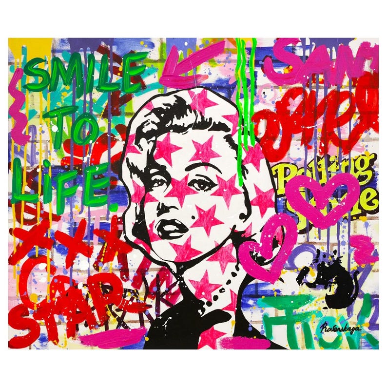 May include: A colorful abstract painting featuring a black and white portrait of Marilyn Monroe with pink stars. The background is a mix of bright colors and graffiti-style text, including "Smile to Life", "Rolling Stone", and "Say Yes".