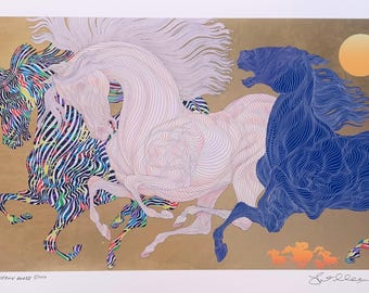 Harlequin Horses by Guillaume Azoulay. Limited Edition print on paper. Hand Signed and Numbered. Size: 20x32 in.