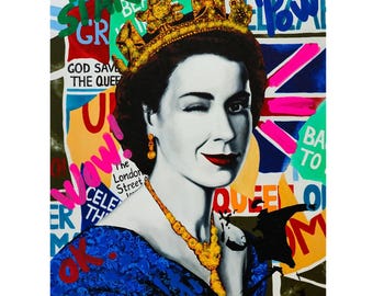 Queen Elizabeth  by Nastya Rovenskaya Mixed Media on Canvas Signed by the Artist. Size: 24x30in. Certificate of Authenticity. One of a Kind.