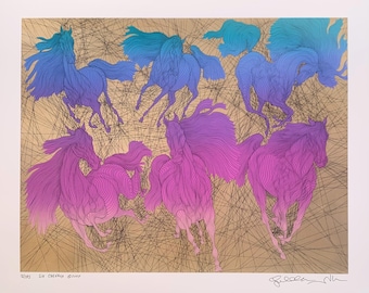 Six Chevaux by Guillaume Azoulay. Limited Edition print on paper. Hand Signed and Numbered. Size:21x27 in.