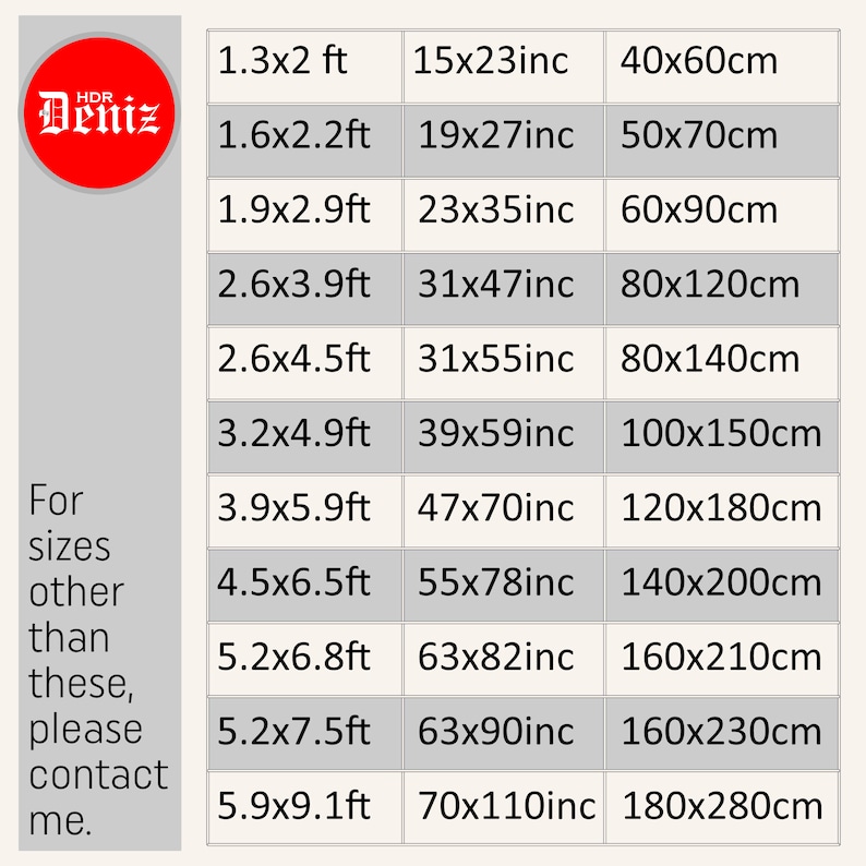 May include: A size chart for rugs, featuring measurements in feet, inches, and centimeters. The chart includes sizes such as 1.3x2 ft (40x60cm), 1.6x2.2 ft (50x70cm), and up to 5.9x9.1 ft (180x280cm). The text also includes a logo and a call to contact for custom sizes.