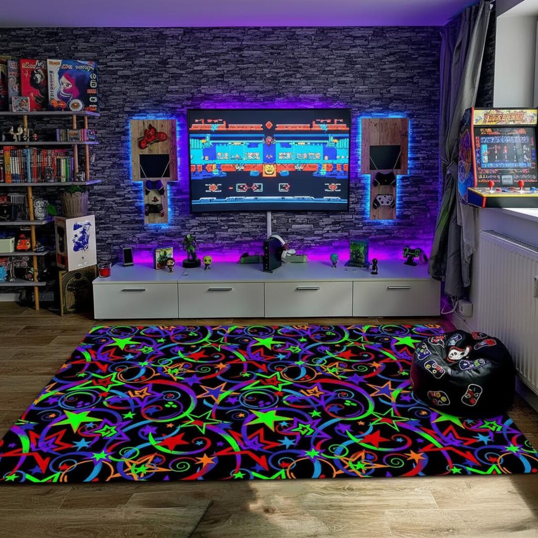 Neon Star Arcade Rug, Colorful Gamer Decor Aesthetic Neon Gaming Room ...