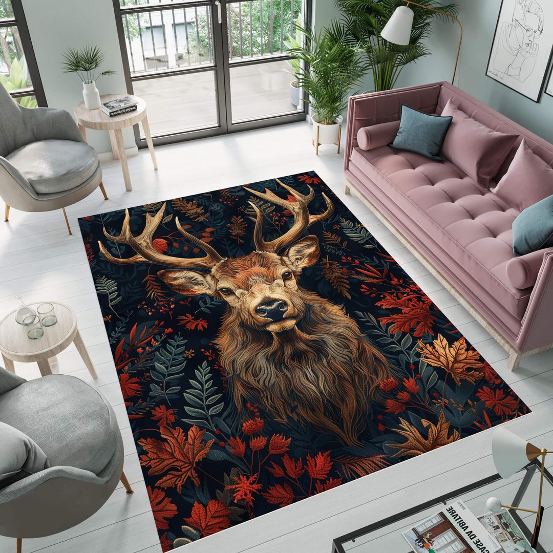 Deer Rug, Animal Love, Floral-animal Antlers, Animal Print Rug, Area ...