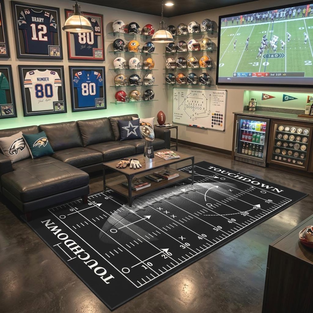 Football Custom Rug Football Field Area Rug, Touchdown Pattern, Personalized American ...