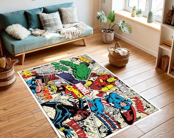 Puede incluir: Una alfombra colorida con personajes de Marvel Comics, incluyendo Hulk, Iron Man, Thor, Black Widow y Captain America. La alfombra está hecha de un material suave y duradero y es perfecta para agregar un toque de diversión de superhéroes a cualquier habitación.