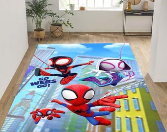 Alfombra infantil de superhéroes, dibujo animado de Spiderman, dibujo animado colorido • Alfombra para sala de juegos y guardería • Bonita alfombra estilo héroe web