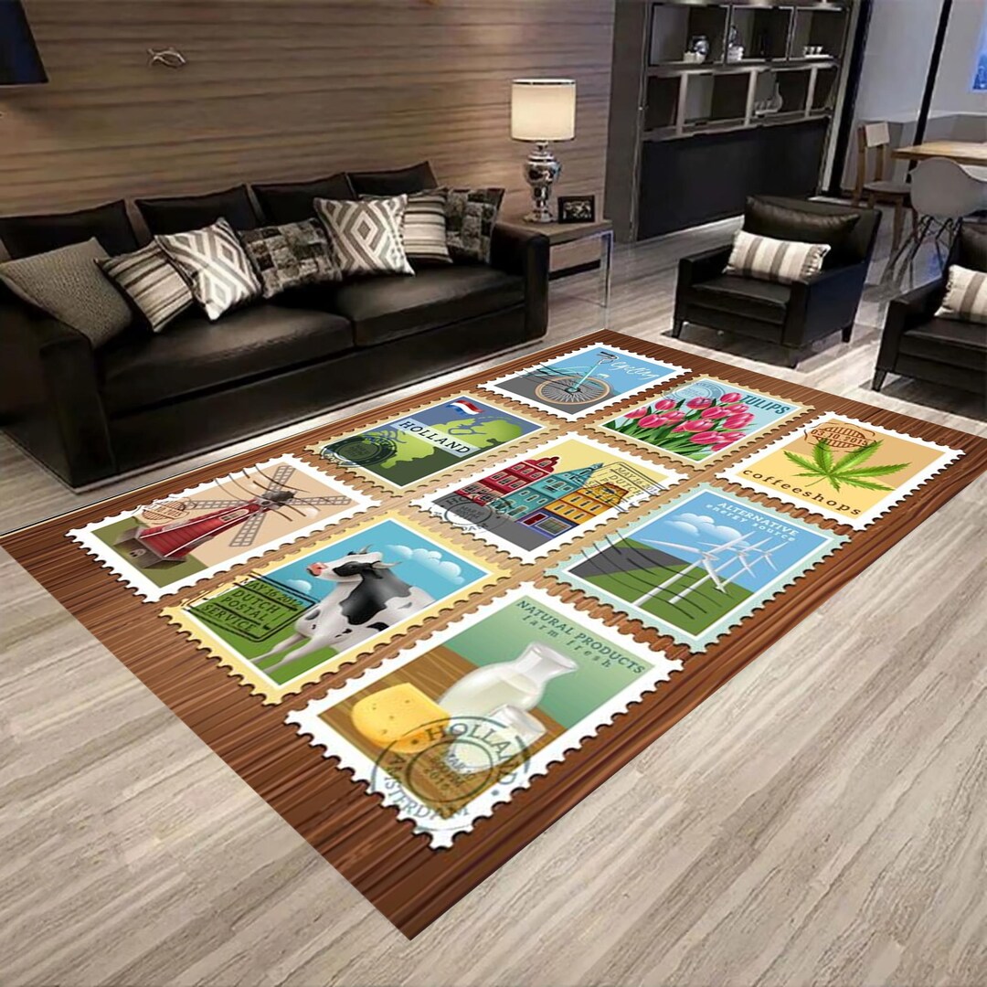 Retro Postage Stamp Collage Rug: Colorful Dutch Art Decor - Etsy