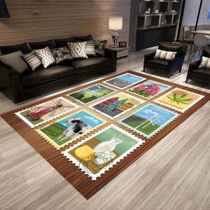 Alfombra de sellos, collage de sellos retro, arte con sellos, impresiones de sellos retro coloridos, decoración de oficina de correos, decoración moderna para el hogar, alfombra antigua pero dorada