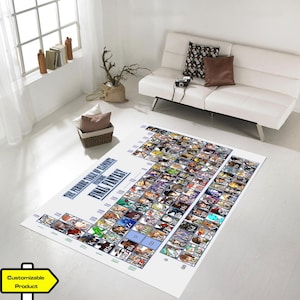 May include: White rectangular rug featuring a colorful periodic table of elements design with Final Fantasy characters. The rug has a blue border and text that reads "The Periodic Table of Elements Featuring Final Fantasy."