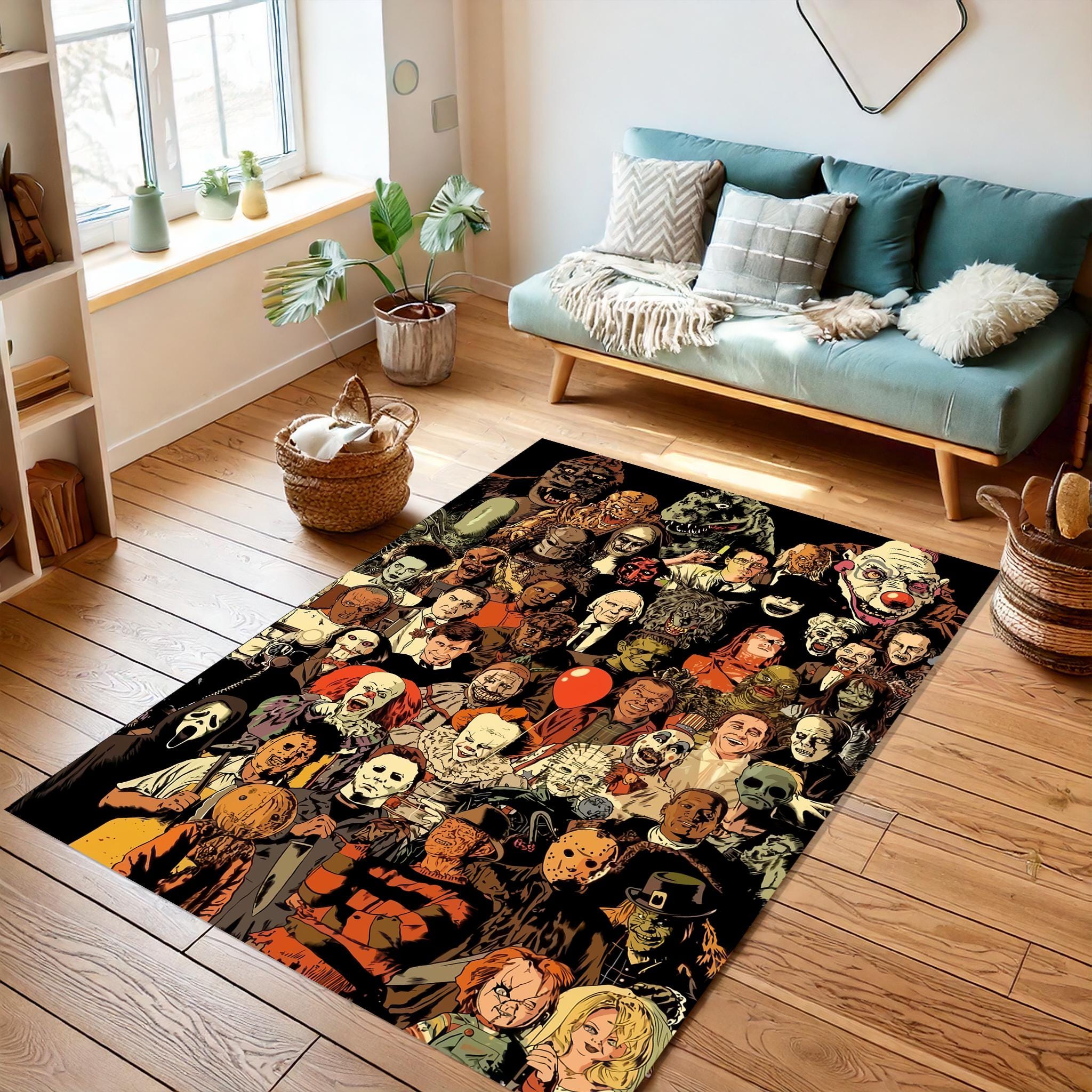 Horror Characters Rug,Horror Movie Rug, Horror House, Halloween Day Rug, Fear Decor, Area Rug, Decorative Rug, Horror Night Decor