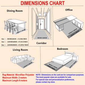 May include: A dimensions chart for rugs, showing example layouts in a dining room, office, living room, bedroom, and corridor. Sizes are listed in centimeters and inches, with a maximum width of 2 meters and a maximum length of 6 meters. The rug material is microfiber polyester.