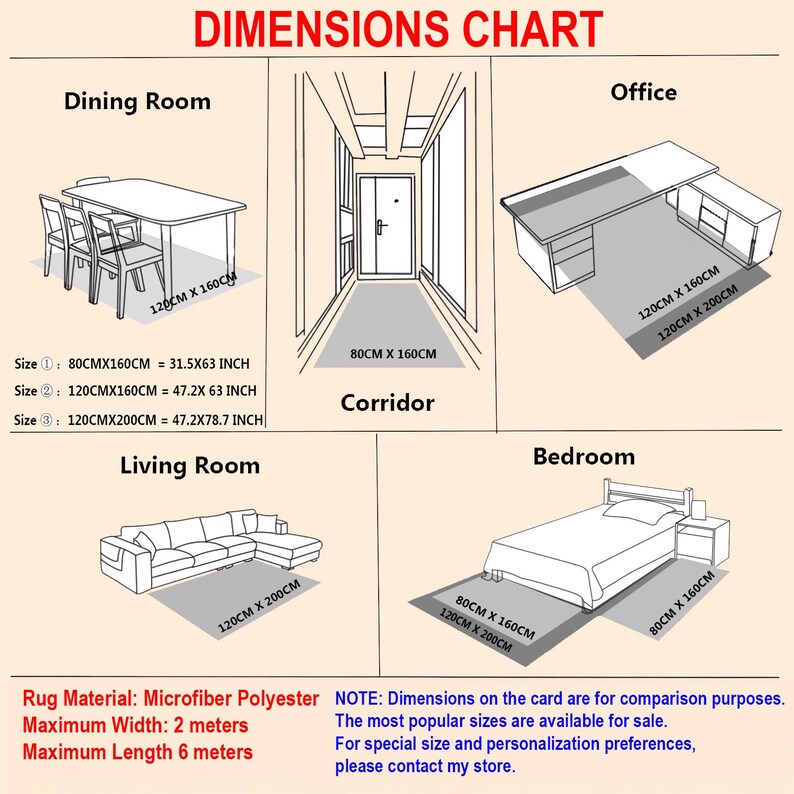 May include: A dimensions chart for rugs, showing example layouts in a dining room, office, living room, bedroom, and corridor. Sizes are listed in centimeters and inches, with a maximum width of 2 meters and a maximum length of 6 meters. The rug material is microfiber polyester.