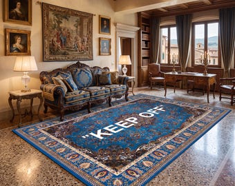 May include: A rectangular area rug featuring a deep blue background with intricate brown and gold floral patterns and the text "KEEP OFF" printed in large white capital letters across the center of the rug's surface.