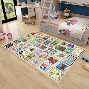 Alfombra de sellos, arte de colección de sellos, alfombra de collage de sellos retro, alfombra de sellos, impresiones de sellos postales retro coloridos, decoración de oficina de correos, viejo pero dorado