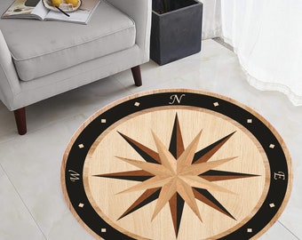 Wood Rug, Decorative Round Rug, North Star Carpet, Compass Themed Rug, Circle Rug, Area Rug, Living Room Decor, Office Decor Rug
