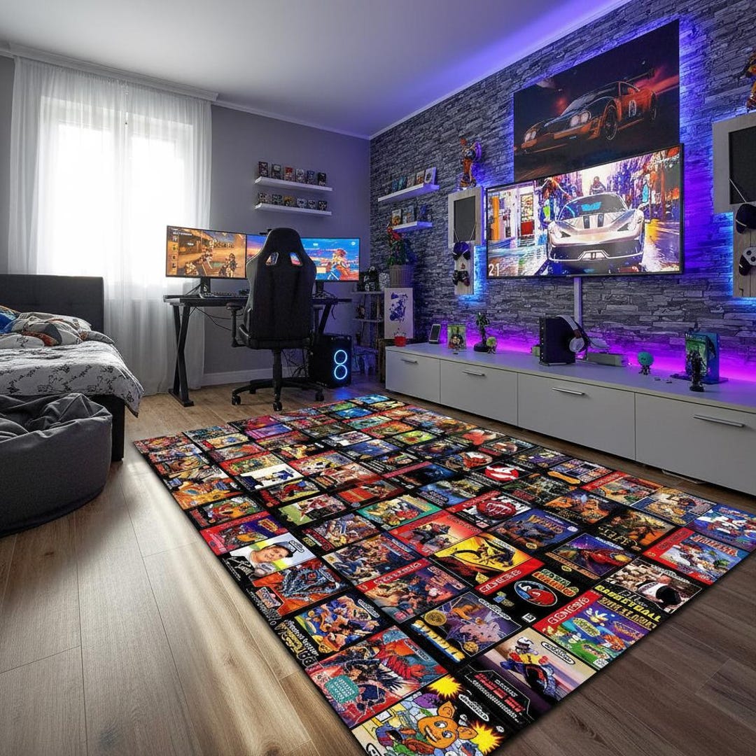 Retro Video Game Rug, Colorful Arcade Decor, Neon Gamer Decor, 80s ...
