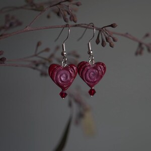 spiral heart earrings, polymer clay jewelry, heart dangle earrings, valentines day earrings, black heart