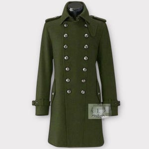 Mens Military Green Wool Overcoat  Double Breasted Long Coat