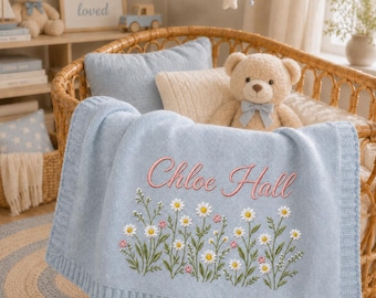Custom Name Floral Embroidered Baby Blanket, Personalized Flower Knitted Baby Blanket, Lovey Nursery Blanket, Newborn Gift, Baby Shower Gift