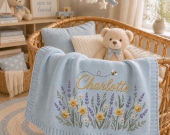 Custom Name Floral Embroidered Baby Blanket, Personalized Flower Knitted Baby Blanket, Lovey Nursery Blanket, Newborn Gift, Baby Shower Gift