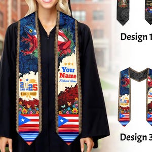 Banda de graduación personalizada con la bandera de Puerto Rico 2025, estola de regalo de graduación de Puerto Rico personalizada, banda de graduación de Puerto Rico 2025