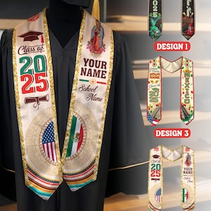 Banda de graduación mexicana personalizada, banda de graduación con la bandera mexicana, banda Guadalupe de la generación 2025, nombre personalizado hispano y atuendo para graduados escolares.