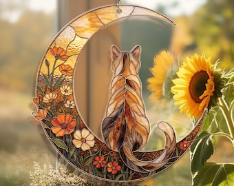 Cat Memorial Stained Glass Suncatcher, Floral Moon Cat Ornament, Cat Mom Dad Gift, Cat Remembrance Window Decor, Pet Loss Gift for Owner