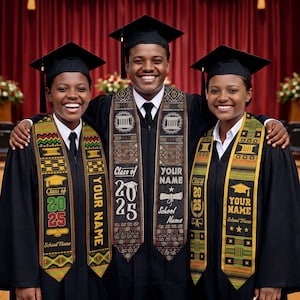 May include: Three graduates in black gowns and mortarboards, each with a personalised sash. The sashes display "Class of 2025", "Your Name", and "School Name". The sashes feature colourful patterns.