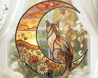 Cat Memorial Stained Glass Suncatcher, Floral Moon Cat Ornament, Cat Mom Dad Gift, Cat Remembrance Window Decor, Pet Loss Gift for Owner