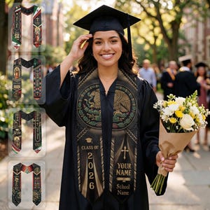May include: A graduation sash with the Mexican coat of arms, the text "Class of 2026", and space for a name and school. The sash is black with gold and green accents. The image also shows a woman in a graduation gown holding a bouquet of flowers.