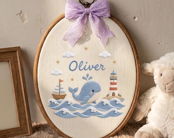 Custom Whale Baby Name Oval Embroidery Hoop, Cute Baby Name Ocean Wall Hoop, Animal Newborn Sign, Woodland Nursery Decor, Baby Shower Gift