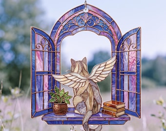 Cat Memorial Stained Glass Suncatcher, Angel Cat Ornament, Cat Mom Dad Gift Keepsake, Cat Remembrance Window Decor, Pet Loss Gift for Owner