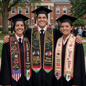 May include: Three graduates in black caps and gowns, smiling and posing outdoors. Each wears a graduation sash with the text "Your Name" and "Class of 2026". The sashes feature floral and flag designs, including the American and Mexican flags.