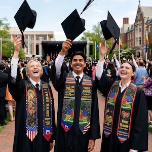 May include: Three graduates in black gowns and mortarboards toss their caps in the air. Each wears a personalized sash with the year 2026 and their name. The scene is outdoors with a crowd and a building in the background.